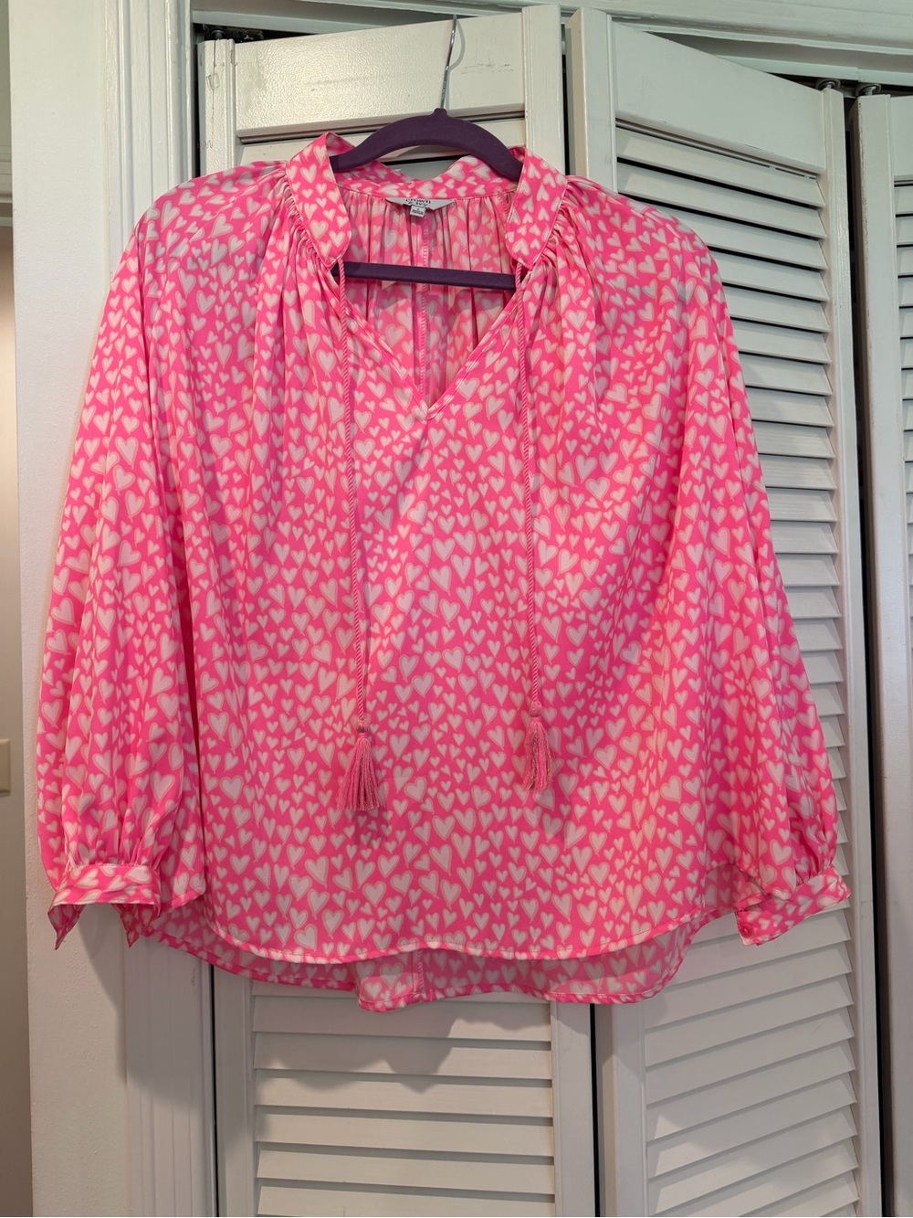 crown & ivy Pink Heart-Print Tie-Neck Blouse